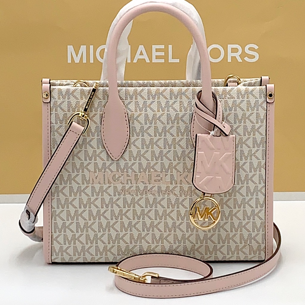 Michael Kors Mirella Small Shopper Top Zip Xbody Powder Blush Multi Sign